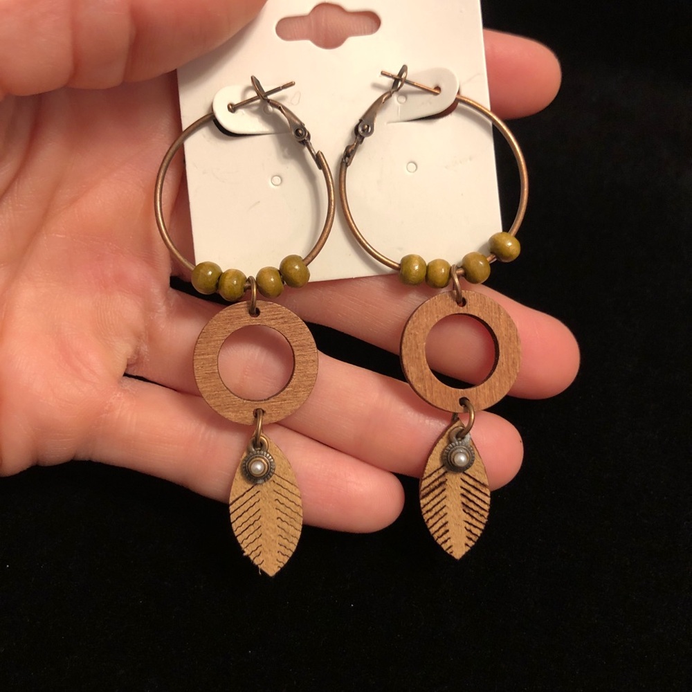 Wooden Hoop Earrings with Leaf Charm